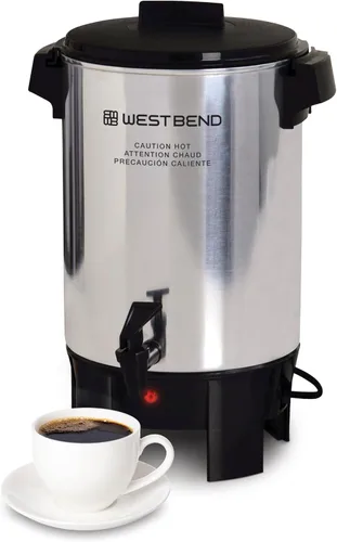 Cafetera West Bend de aluminio altamente pulido con control automático de temperatura, preparación de una taza por minuto y fácil limpieza. Incluye