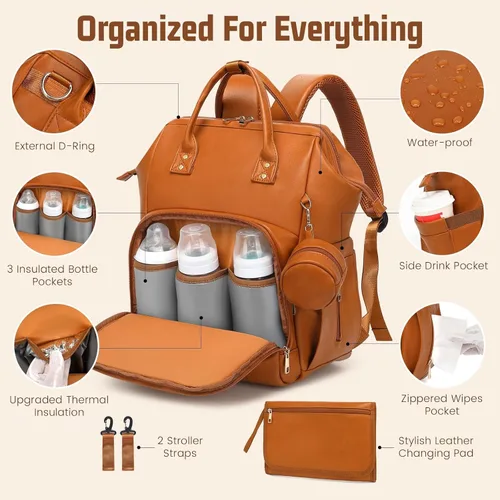 Miniatura 3 de ROSEGIN Mochila para pañales de piel vegana prémium con cambiador impermeable - Costuras y cremalleras reforzadas, bolsa de bebé para niño y niña