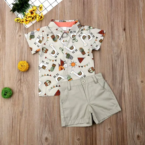 Miniatura 86 de Conjunto de camisa de manga corta con botones y pantalones cortos casuales con diseño de flamingo, para bebés y niños de 1 a 6 años, atuendos