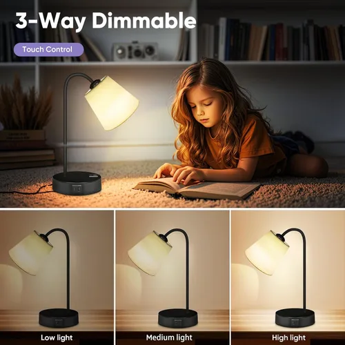 Miniatura 3 de Juego de 2 lámparas de mesa industriales para dormitorio, lámpara de noche táctil regulable de 3 vías para mesita de noche con puertos USB C+A