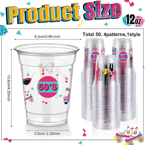 Miniatura 2 de FoldTier 50 Piezas Vasos de los Años 50 de 12 oz Plástico Vasos Regreso a los Años 50 Vasos Transparentes Desechables de los Años 50 Vasos Temáticos