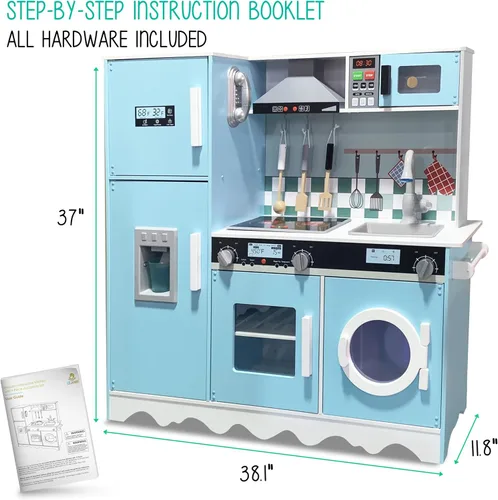 Miniatura 6 de Lil’ Jumbl Set de Cocina Azul para Niños, Cocina de Juguete de Madera, Máquina de Hielo Operada a Pilas, Microondas, Campana de Cocina, Estufa