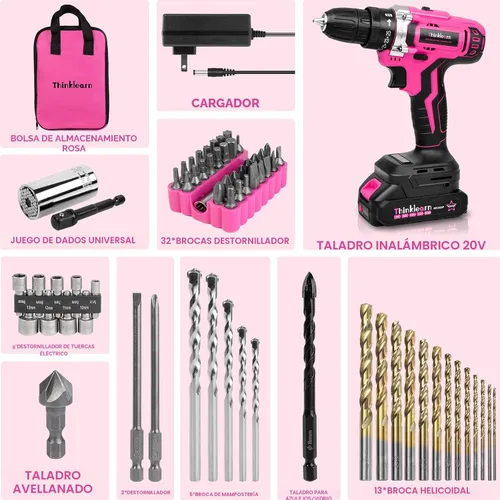 Miniatura 8 de Juego de taladro inalámbrico rosa, juego de taladro eléctrico de iones de litio de 20 V para mujer con 67 puntas de destornillador, portabrocas sin