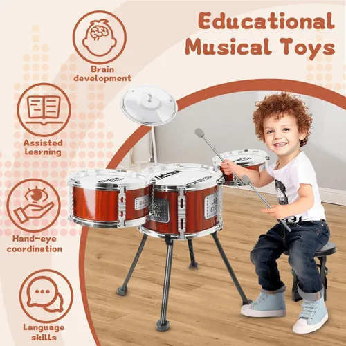 Miniatura 4 de Juego de Batería para Niños, Juguetes Musicales, Juego de Tambores para Niños Pequeñas de 3 a 5 Años, Kit de Tambores Jazz con Taburete, 3 Tambores