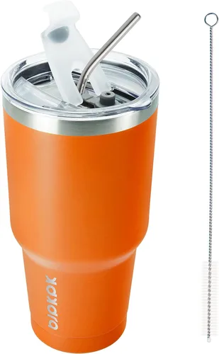 BJPKPK Vaso aislado con tapa transparente abatible y pajilla, vaso de viaje reutilizable con aislamiento de acero inoxidable, naranja, 30 onzas
