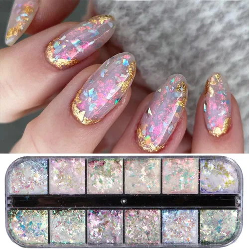 Arte de uñas holográfico de ópalo con purpurina en polvo, pigmento iridiscente, cristal de hielo, paillettes de sirena, lentejuelas brillantes,