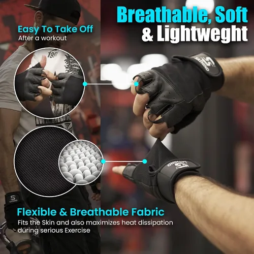 Miniatura 3 de Guantes de entrenamiento de cuero para hombres y mujeres, guantes antideslizantes para levantamiento de pesas, gimnasio y ciclismo con malla
