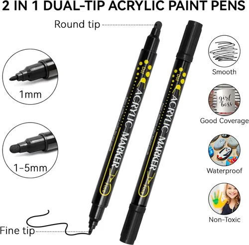 Miniatura 2 de Marcador de pintura, bolígrafos de pintura acrílica de doble punta, paquete de 8 bolígrafos de pintura en blanco y negro, ideales para madera