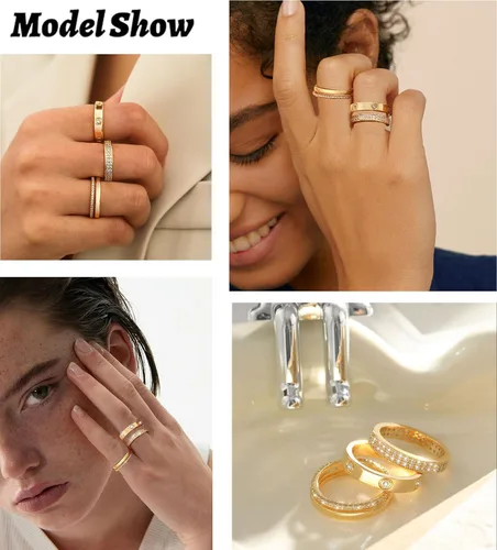 Miniatura 5 de TOSGMY Anillos de oro y plata para mujer, sin deslustre, anillos apilables modernos y delicados chapados en oro de 18 quilates, con circonita