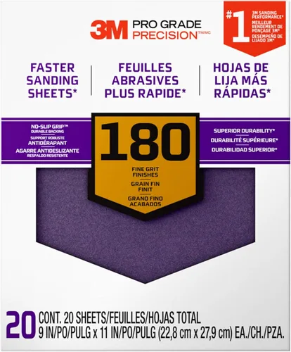 3M Papel de lija de grado profesional, grano 180, hojas de 9 x 11 pulgadas, paquete de 20 unidades para acabado fino en superficies de madera, metal