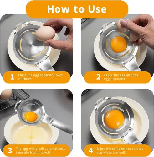 Miniatura 3 de Separador de huevos de acero inoxidable: filtro blanco de yema de huevo para huevos crudos, divisor de huevos de 6 agujeros con mango extendido
