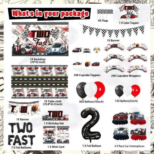 Miniatura 2 de Dos decoraciones de cumpleaños rápidas para niños, 153 piezas de suministros de fiesta de cumpleaños de coche de carreras, telón de fondo, adornos