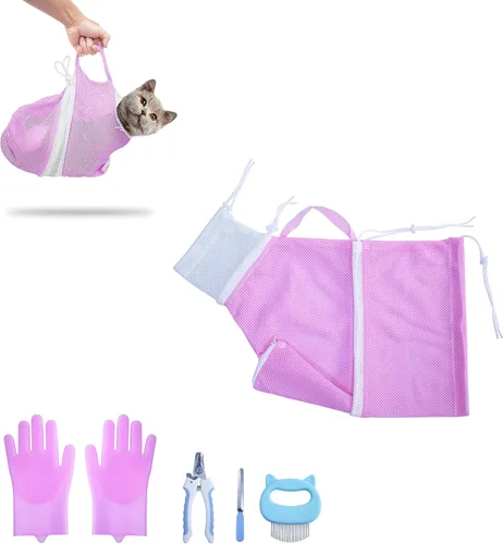 Miniatura 7 de KlerRoem Bolsa de baño para gatos, ajustable, antimordeduras y antiarañazos, bolsa de aseo para perros y mascotas, incluye cortaúñas para mascotas
