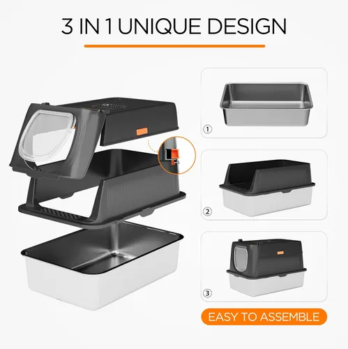 Miniatura 5 de Citylife Caja de Arena para Gatos de Acero Inoxidable con Tapa, XL Extra Grande Cerrada Removible Caja de Arena de Metal con Pala para Arena