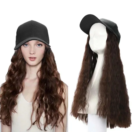 Miniatura 7 de Extensiones de cabello sintético Bobo corto con gorra de béisbol negra de 9 pulgadas, peluca con gorro de cabello negro y marrón para mujer, peluca