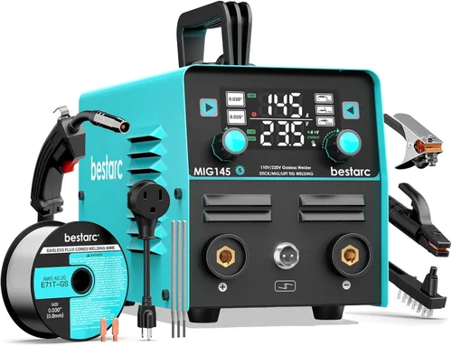 bestarc Soldador MIG de 145A, Soldador MIG sin Gas de Núcleo de Flujo de 110V/220V/TIG de Elevación/Electrodo 3 en 1 Sinérgico MIG145 5GEN Máquina