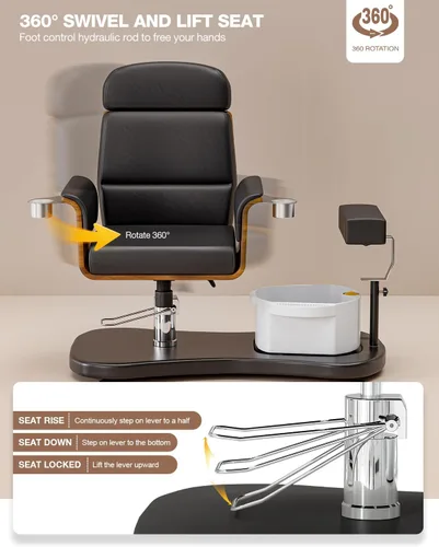 Miniatura 4 de VARONXE Silla de pedicura reclinable giratoria 360, sin fontanería, para tecnología de uñas, estación de pedicura con asiento ajustable, reposapiés