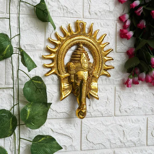 Miniatura 6 de eCraftIndia Golden Lord Ganesha con sol decorativo de metal para colgar en la pared, decoración del hogar, templo de Pooja Room y regalo