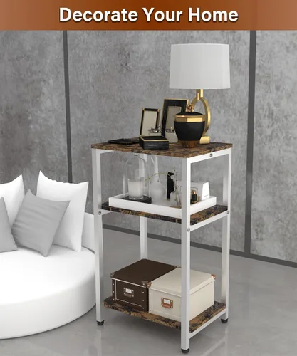 Miniatura 7 de Mesa auxiliar de 3 niveles, mesa auxiliar resistente con estantes, mesa de noche estrecha para espacios pequeños, mesa de tocadiscos para Blanco