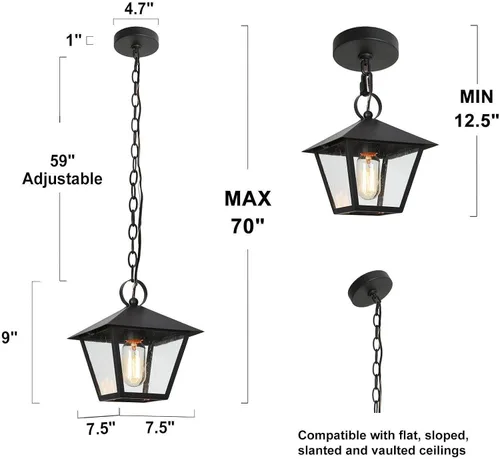 Miniatura 5 de LALUZ Luces colgantes negras para exteriores, impermeables, para exteriores, para colgar en el techo, 1 luz, antioxidante, luz de porche al aire