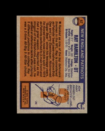 Miniatura 2 de Ray Hamilton Signed 1976 Topps New England Patriots Autograph