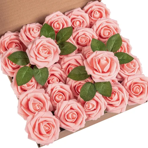 Miniatura 7 de DuHouse 25 rosas artificiales con tallos, flores de espuma de tacto real para bricolaje, ramo de boda, centro de mesa, arreglo floral, fiesta, Verde