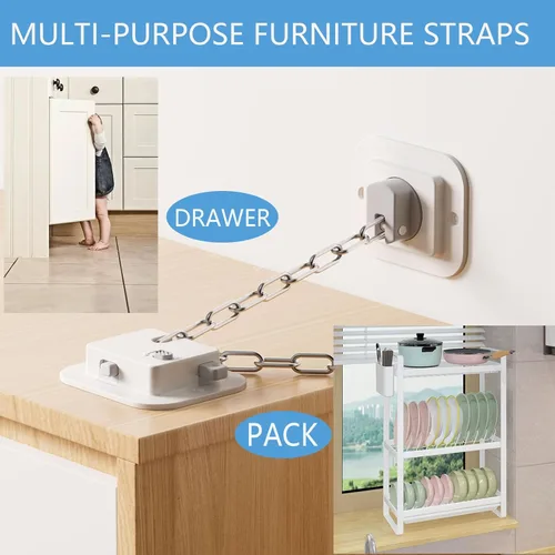 Miniatura 6 de YEYA Anclaje de pared para muebles antipunta, sin taladro, con fuerte respaldo adhesivo 3M, correas de cable de acero ajustables de 10 pulgadas