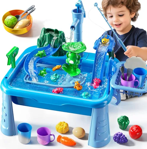 Miniatura 8 de JUKUDAHU Mesa de Agua y Fregadero de Juego para Niños de 2, 3, 4, 5, 6 Años de Edad - Cocina al Aire Libre con Agua Corriente, Juegos de Pesca, Mesa