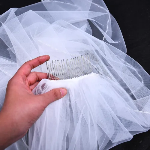 Miniatura 5 de ULAPAN Velo de novia con peine, velo de novia, borde cortado, punta de los dedos, 1 nivel de longitud, cristal de perla para novias, 35 pulgadas