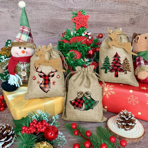 Miniatura 5 de BORAMDO Bolsas de Envolver Regalos de Arpillera de Navidad con Cordones 24 Piezas, Bolsas de Dulces de Lino a Cuadros Buffalo de Navidad