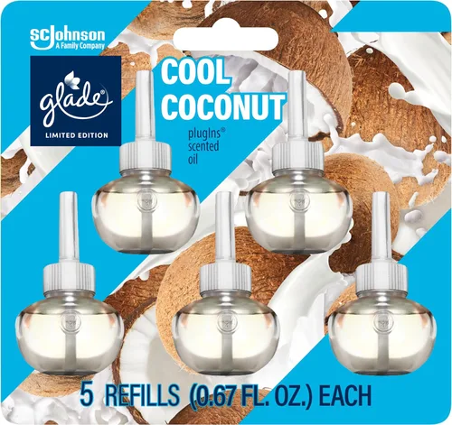 Glade PlugIns Ambientador de Aceite con Aroma, Cool Coconut Edición Limitada, 3.35 oz Total, 5 Recambios