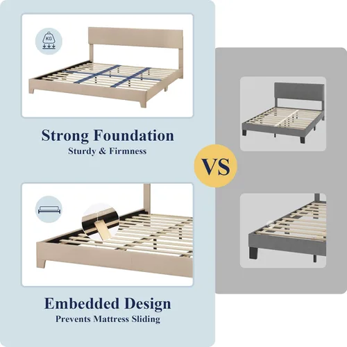 Miniatura 6 de Allewie - Base de cama tamaño King con cabecera ajustable, cama tapizada con plataforma y listones de madera, base de colchón resistente, no Beige