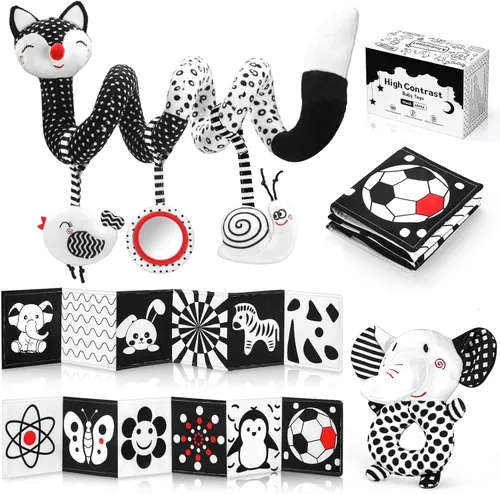 Juguetes para bebés en blanco y negro de alto contraste, juego de 3 piezas esenciales para recién nacidos con juguetes colgantes, sonajero móvil