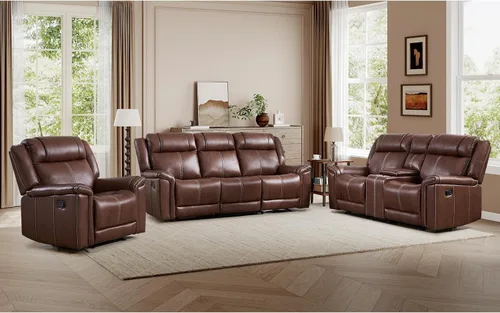 Miniatura 14 de EBELLO Sofá reclinable de cuero sintético de 3 plazas, sofá reclinable manual, silla de 3 asientos de estilo moderno de mediados de siglo con Marrón