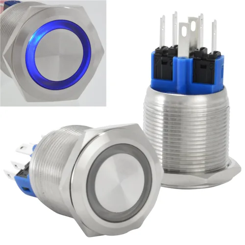 Miniatura 15 de JacobsParts Interruptor de arranque momentáneo de acero inoxidable plateado con LED azul para orificio de corte de panel de 1/2" (12 mm) de diámetro