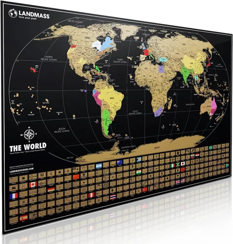 Miniatura 10 de Landmass Mapa del mundo para rascar, rastreador de viaje de lujo con banderas, cartografía detallada, idea de regalo para viajeros, arte de pared