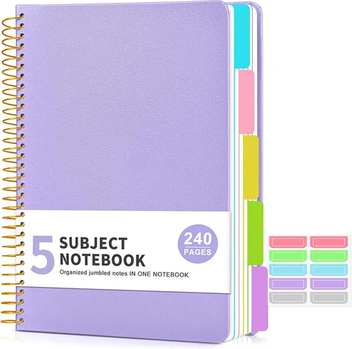 Miniatura 9 de Cuaderno de 5 asignaturas con reglas universitarias y divisores de bolsillos removibles con pestañas, 240 páginas, cuaderno en espiral de 21.59 x