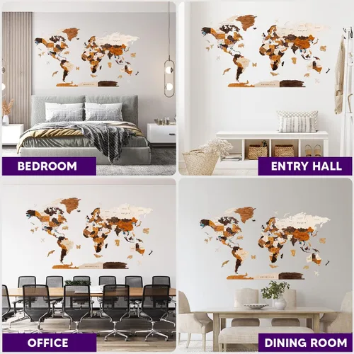 Miniatura 7 de HYPERI Mapa del mundo de madera en 3D de varias capas para decoración de pared, decoración de pared de arte en madera, mapa mundi para pared, mapas