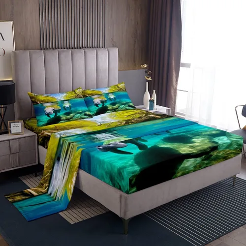 Miniatura 28 de Erosebridal Juego de sábanas de ballena náutica, tamaño individual, juego de ropa de cama vintage azul con ondas oceánicas para niños y niñas