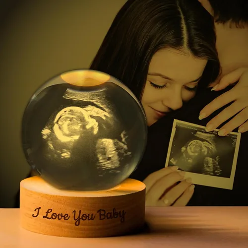 Miniatura 11 de Bola de Cristal con Foto de Ultrasonido Personalizada, Bola Decorativa Mágica de Cristal Láser 3D Personalizada con Soporte de Luz, Marco de Foto