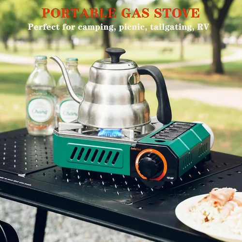 Miniatura 6 de Estufa moderna para acampar con funda de transporte, mini estufa de gas butano portátil de 10 x 7.5 pulgadas, 6900 BTU para patio, cocina, hotpot