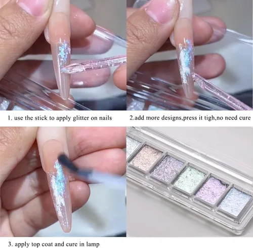 Miniatura 6 de Fcozpjk Juego de purpurina iridiscente para uñas, 6 colores, textura de barro, polvo cromado aurora, purpurina nacarada rosa azul, copos de uñas