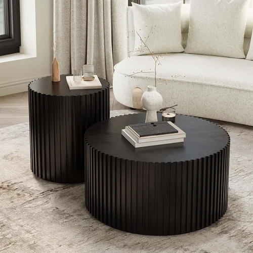 Miniatura 6 de POVISON Mesa auxiliar, mesa de centro redonda de madera, mesa auxiliar moderna para sala de estar, mesa de centro acanalada, color negro, totalmente