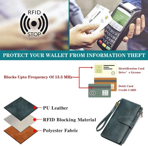 Miniatura 6 de GOIACII Cartera de mujer con bloqueo RFID triple pliegue cartera de mano larga para mujer cartera de cuero vegano con bolsillo para monedas A02-azul