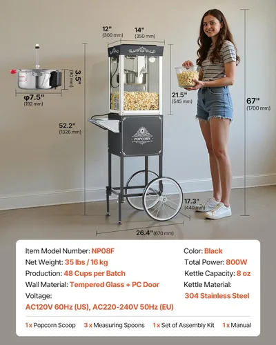 Miniatura 7 de VEVOR Máquina de palomitas de maíz con carrito, hervidor de acero inoxidable de 8 oz, fabricadora comercial de palomitas de 800W, 48 tazas por lote