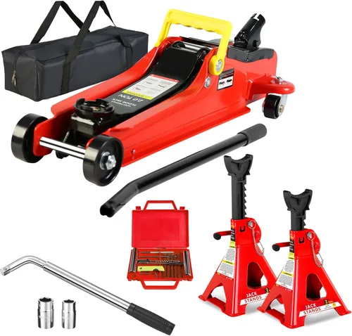 Miniatura 9 de Gato hidráulico de perfil bajo con bolsa de almacenamiento, de acero, bomba de elevación rápida de un solo pistón, rojo, rango de elevación de 3.3 a