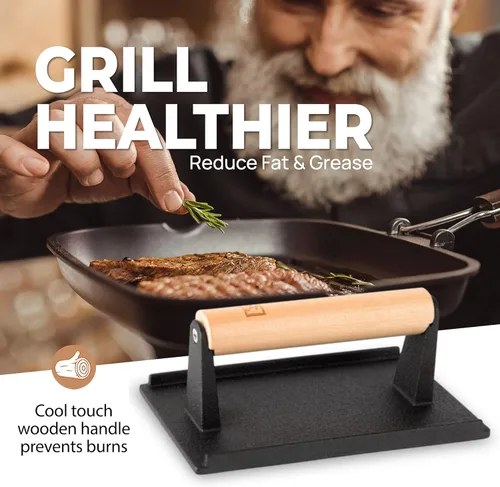 Miniatura 5 de Prensa para parrilla de hierro fundido (juego de 2) – Prensa de plancha de 2.6 libras con mango de madera de tacto frío – Pre-sazonada para carnes