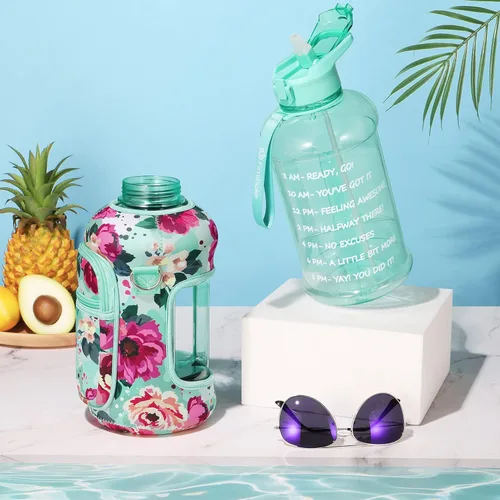 Miniatura 4 de Fimibuke Botella de agua de medio galón con funda, botella de agua de 64 onzas con asa y pajilla, a prueba de fugas, botella de agua motivacional