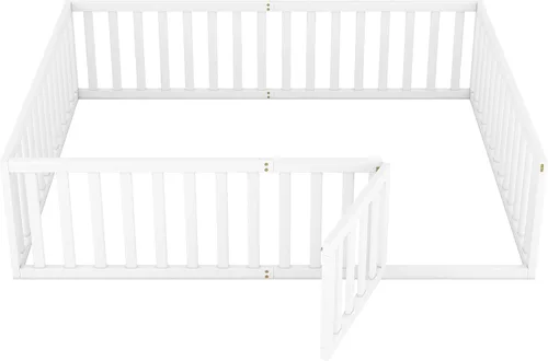 Miniatura 7 de Cama de plataforma tamaño Queen con valla, marco de cama de piso de madera maciza con puerta, marco de sofá cama tamaño Queen, color blanco