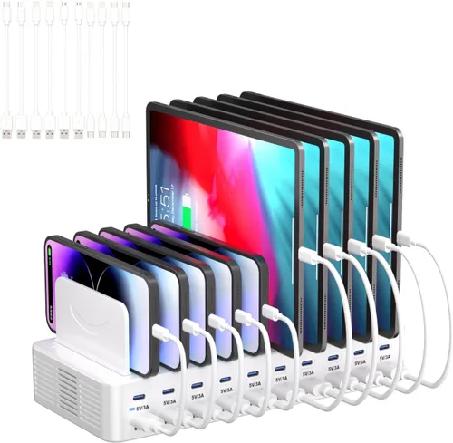 Miniatura 9 de Estación de carga de 270 W para múltiples dispositivos, estación de carga rápida USB de 20 puertos con divisores ajustables y 10 cables, base